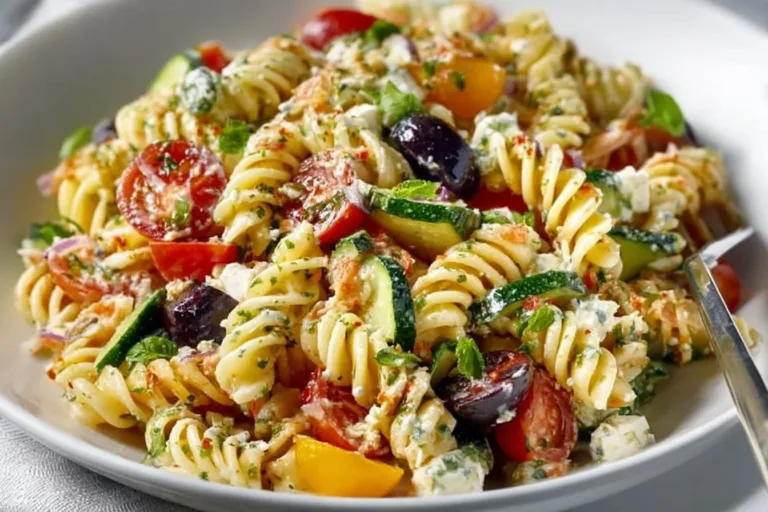 High protein pasta salad with vegetables and dressing in a bowl