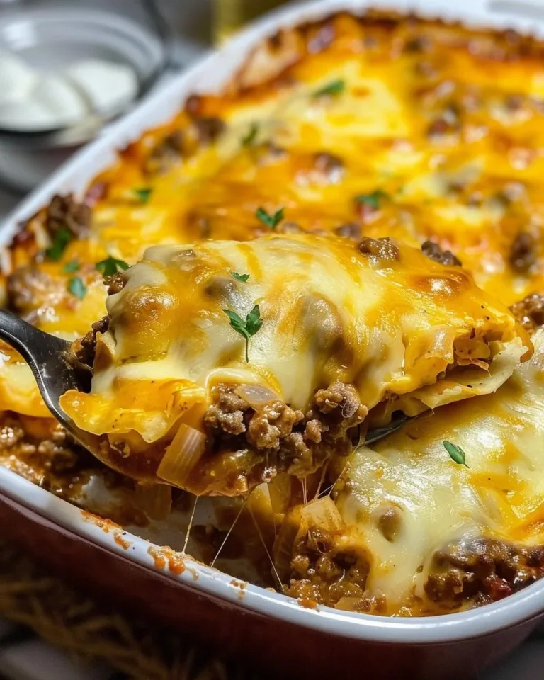 Delicious Hobo Casserole with ground beef and vegetables in a cozy dish.