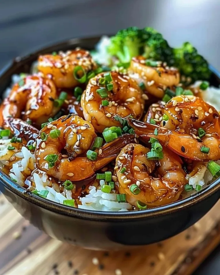 Delicious honey garlic shrimp bowl garnished with vegetables and rice