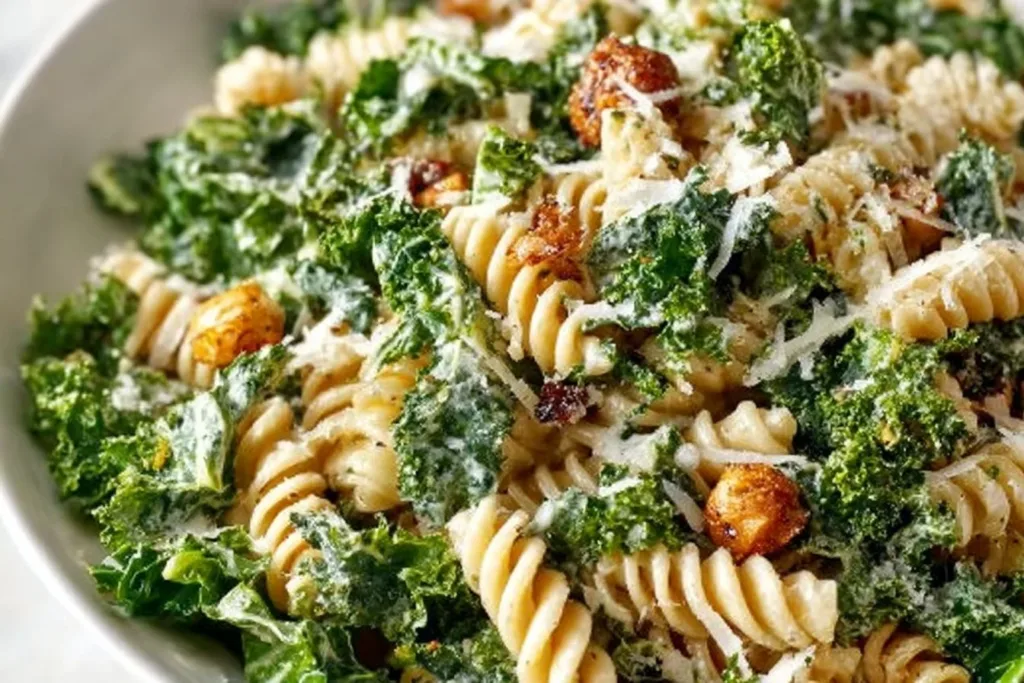 Delicious Kale Caesar Pasta Salad with fresh ingredients