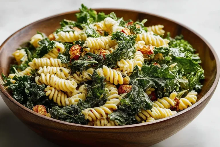 A vibrant Kale Caesar Pasta Salad with leafy greens, pasta, and creamy dressing