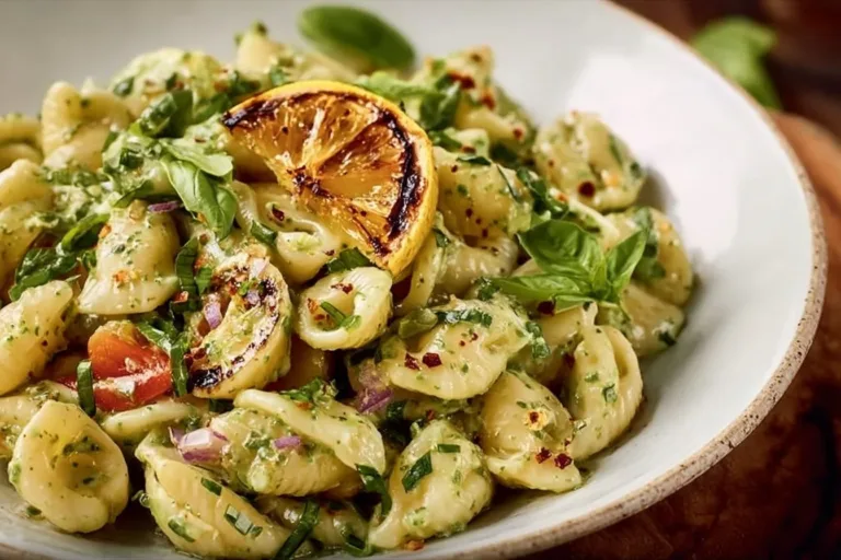 A vibrant Lemon Basil Pasta Salad with fresh ingredients and a zesty dressing.