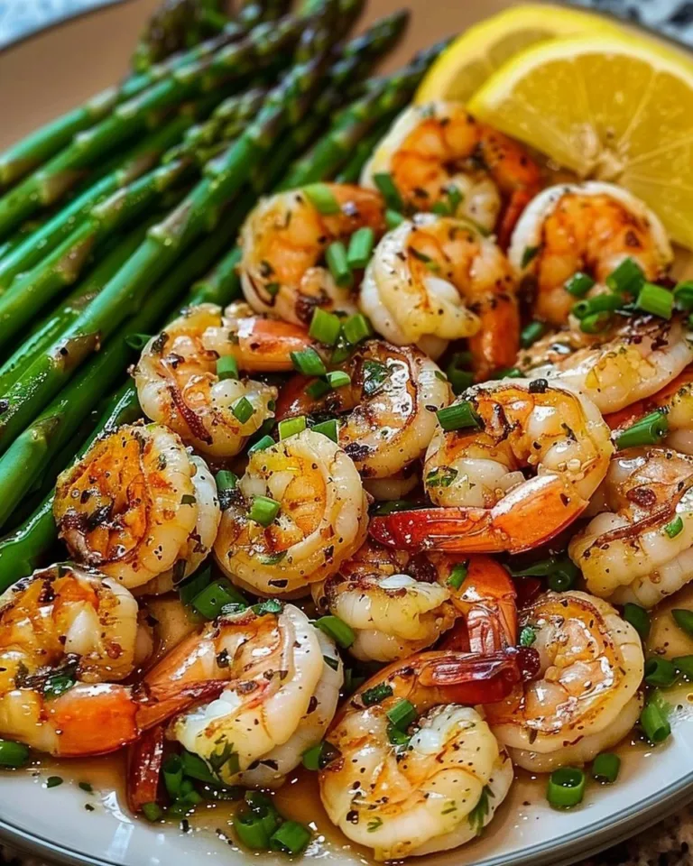 Delicious Lemon Garlic Shrimp served with tender asparagus on a plate.
