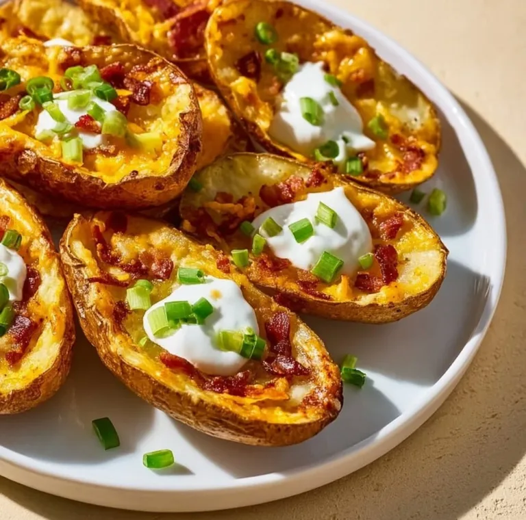Delicious loaded potato skins topped with cheese, bacon, and chives