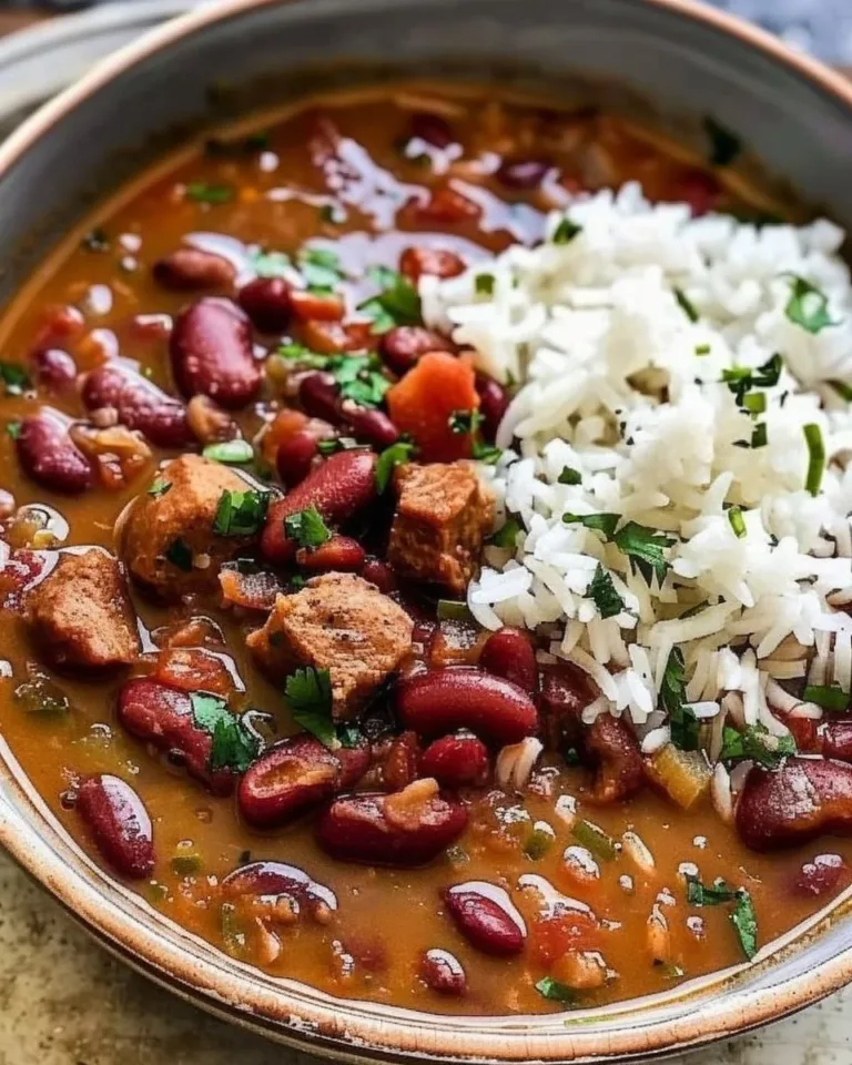 Bowl of Louisiana red beans and rice garnished with green onions
