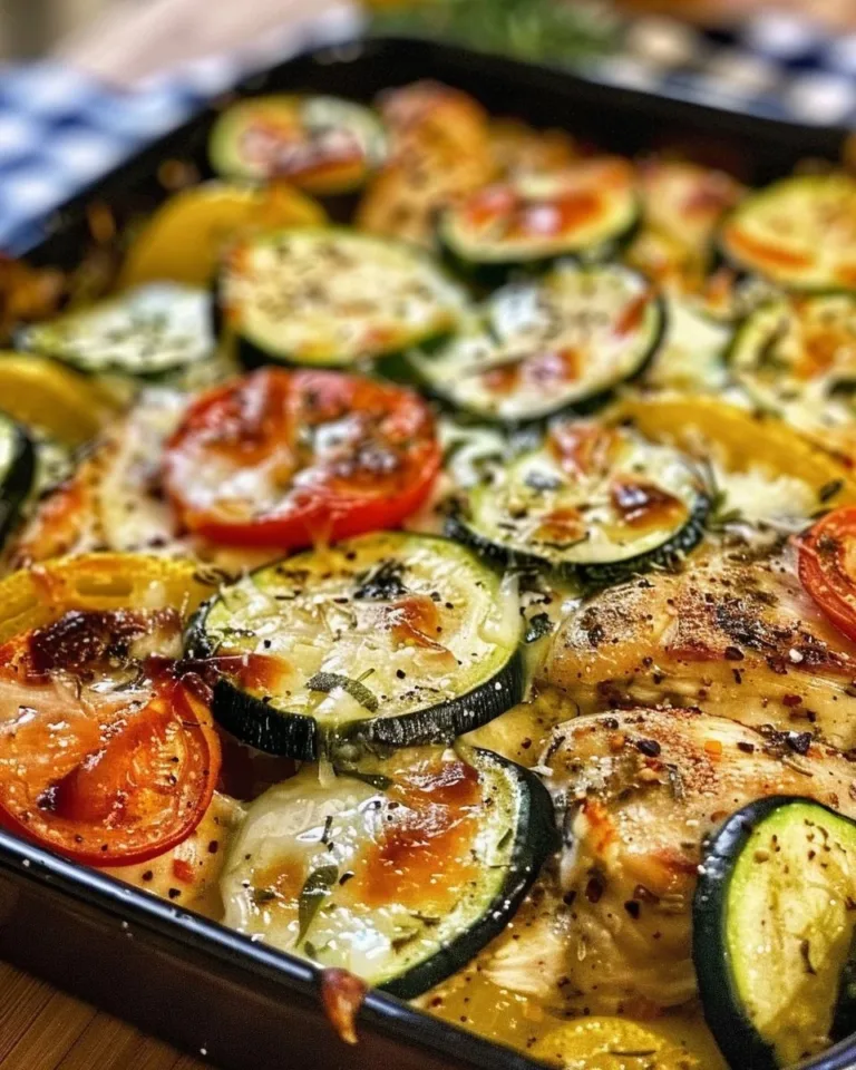 Mediterranean Chicken Zucchini Bake served in a bowl with fresh herbs