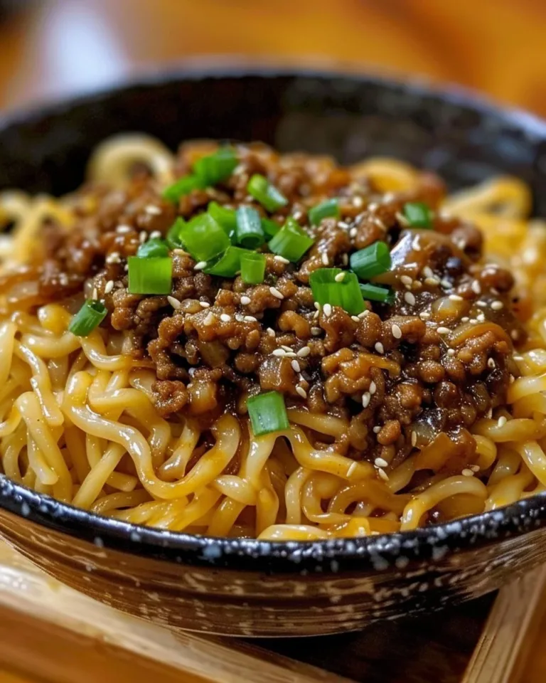 Bowl of Mongolian ground beef noodles garnished with green onions and sesame seeds