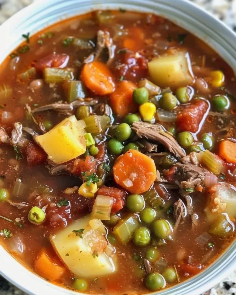 A bowl of my mom's old-fashioned vegetable beef soup, filled with vegetables and tender beef.