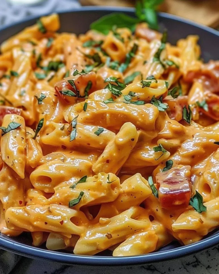 Delicious one pan creamy tomato pasta garnished with basil and parmesan cheese