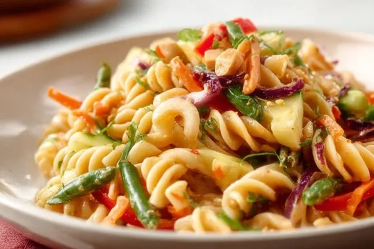 Delicious protein-packed Thai pasta salad with fresh vegetables and herbs