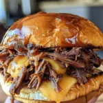 Delicious pulled beef sandwich with tender beef and fresh toppings