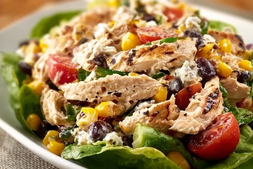 Delicious and colorful Southwest Chicken Salad with grilled chicken and fresh vegetables