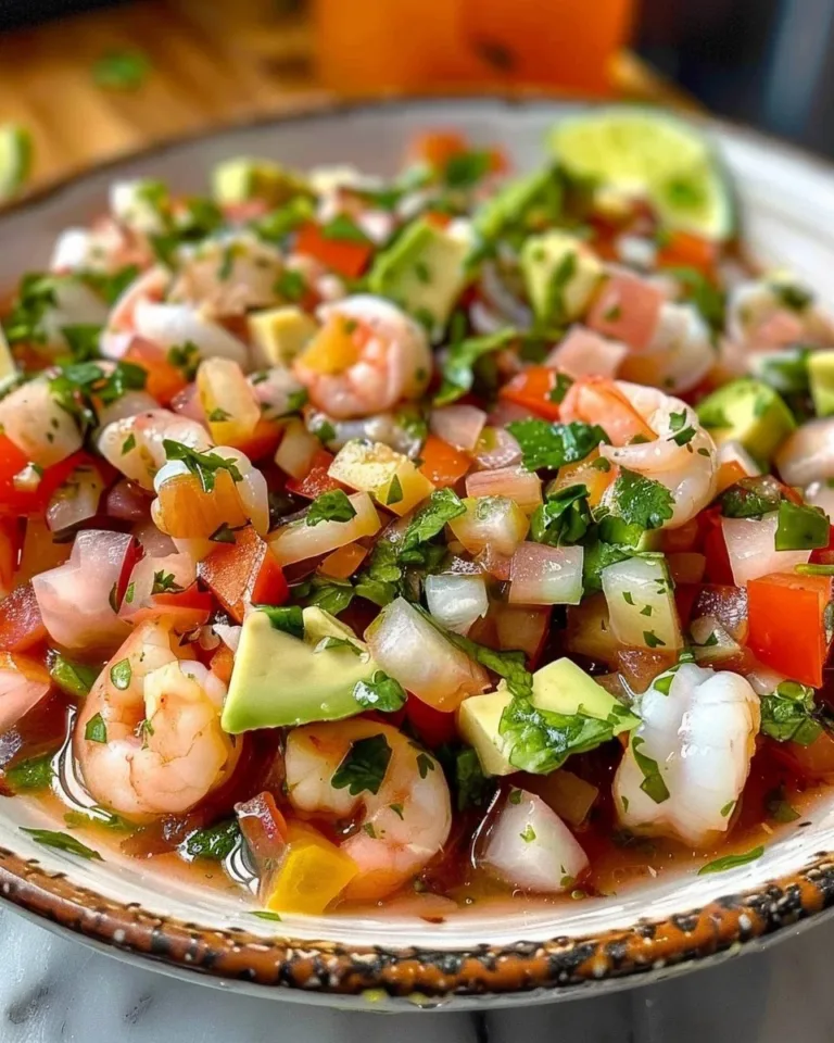 Delicious shrimp ceviche served in a bowl with fresh vegetables and cilantro