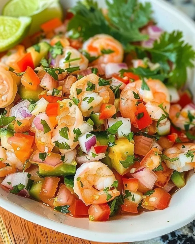 Delicious shrimp ceviche served with fresh lime and vegetables