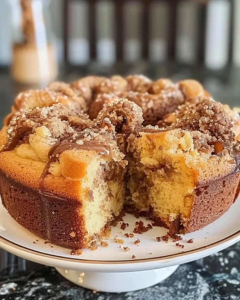 Delicious sourdough discard coffee cake topped with a crumbly streusel