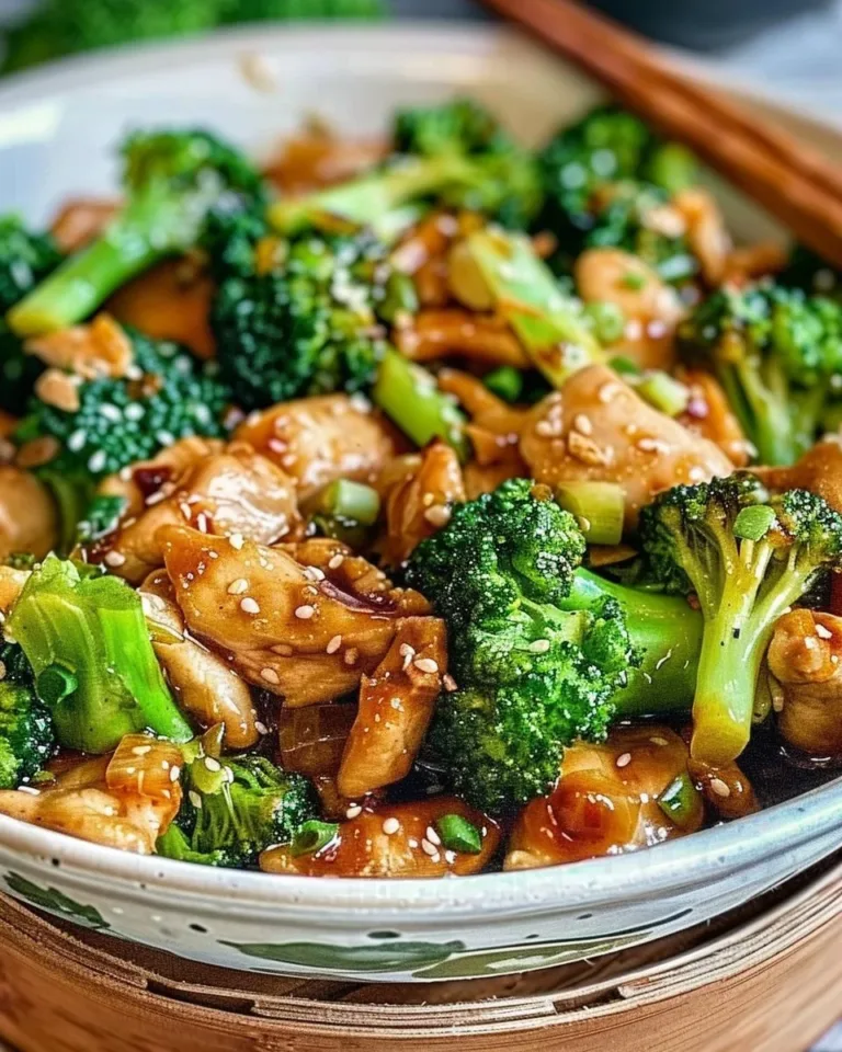 Stir-fried Chinese chicken with broccoli in a skillet