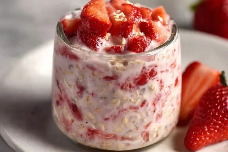 Bowl of strawberries and cream overnight oats topped with fresh strawberries.