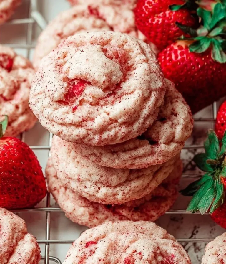 Delicious freshly baked strawberry cookies on a cooling rack