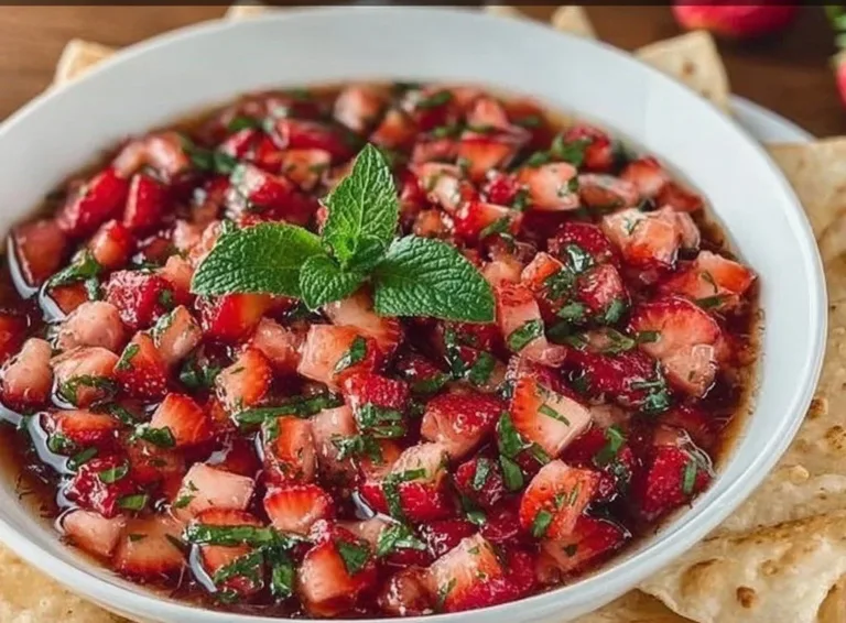 Fresh Strawberry Herb Salsa served in a bowl with herbs and tortilla chips