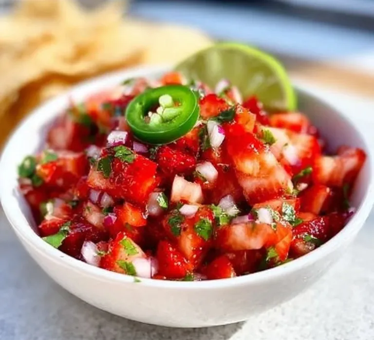 Freshly made Strawberry Jalapeño Salsa in a bowl with cilantro garnish.