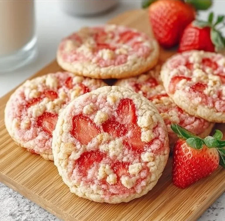 Freshly baked sweet strawberry cookies on a white plate