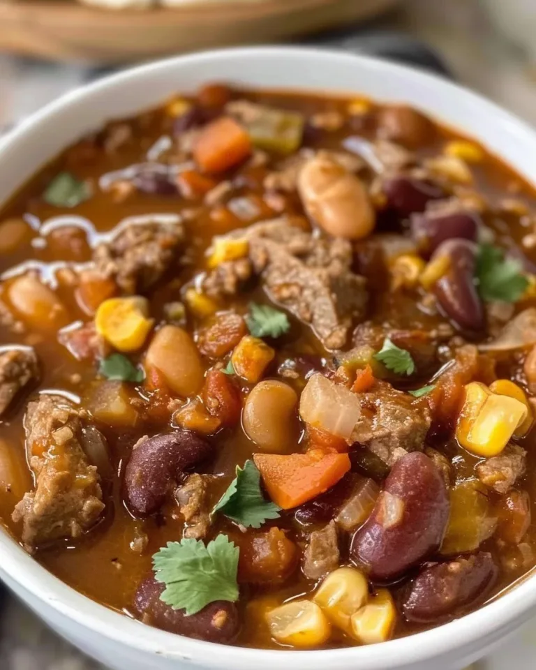 A bowl of Texas Cowboy Stew featuring beef, beans, and vegetables.
