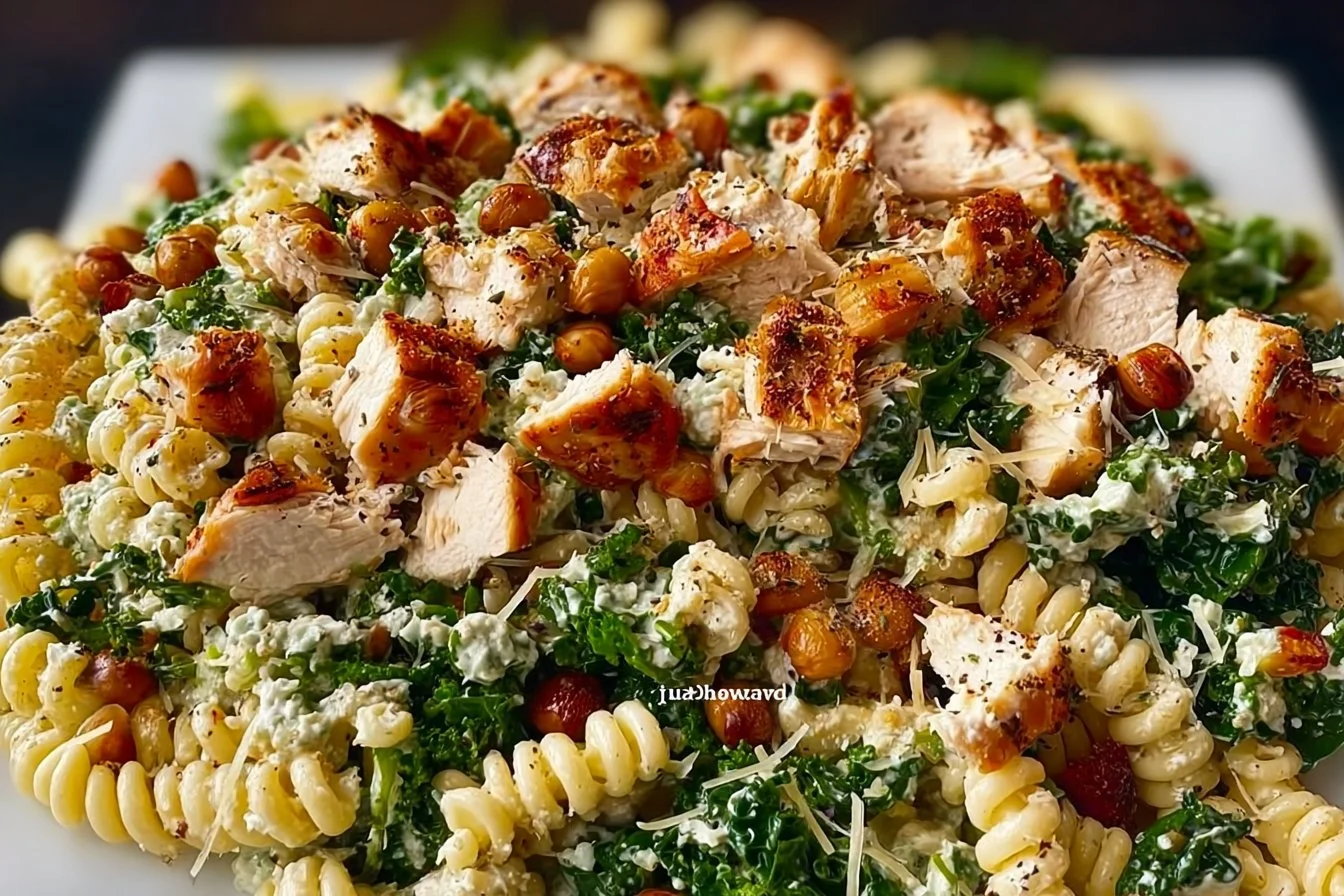 The Best Kale Chicken Caesar Pasta Salad Recipe Kale Chicken Caesar Pasta Salad Delicious Kale Chicken Caesar Pasta Salad with fresh ingredients