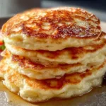 Fluffy high-protein Greek yogurt pancakes on a plate with syrup and berries.