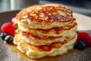 Fluffy high-protein Greek yogurt pancakes on a plate with syrup and berries.