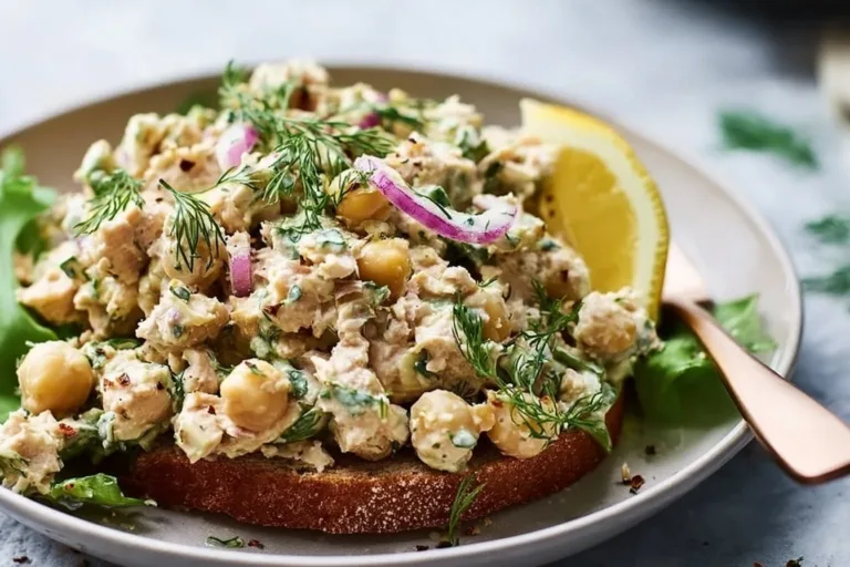 Delicious 10 Minute Chickpea Tuna Salad served in a bowl ready to eat.