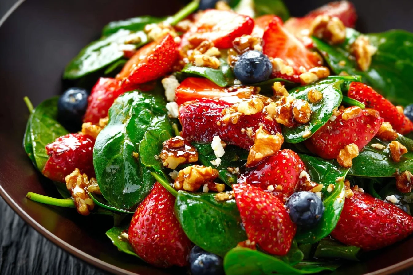 30-Minute Strawberry Spinach Salad strawberry spinach salad Fresh strawberry spinach salad with nuts and dressing served on a plate