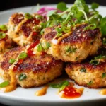 Delicious Asian Tuna Cakes served with a dipping sauce on a plate.