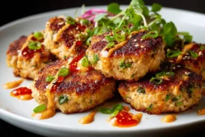 Delicious Asian Tuna Cakes served with a dipping sauce on a plate.