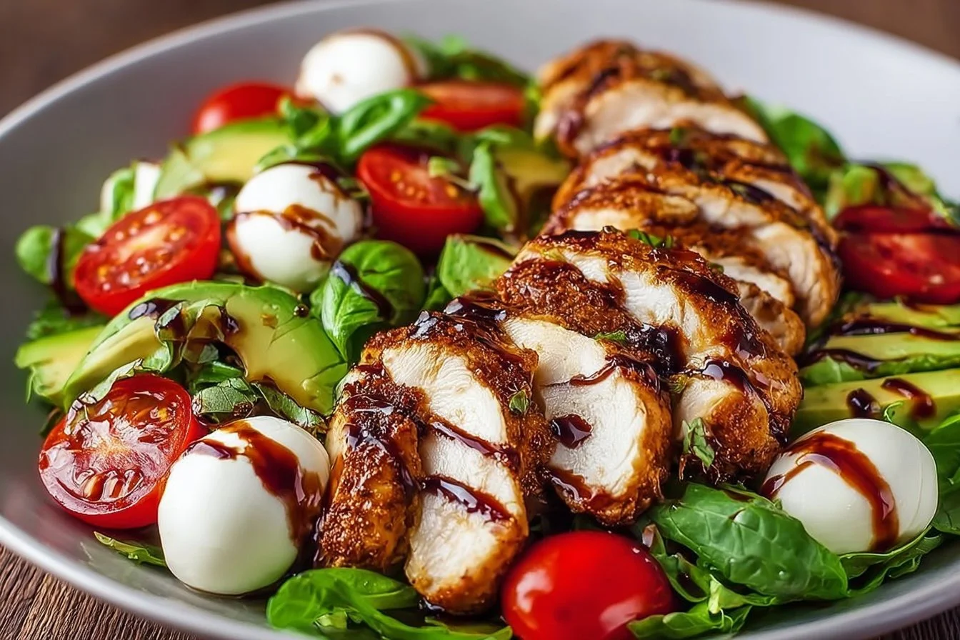 Baked marinated chicken salad with mozzarella and balsamic vinaigrette on a plate