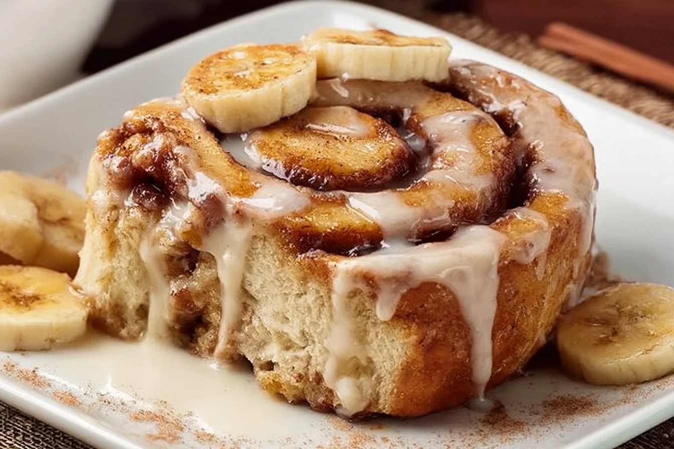 Delicious banana bread cinnamon rolls served with icing