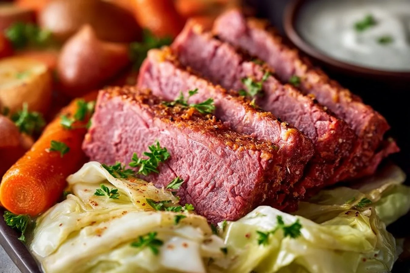 Plate of delicious corned beef and cabbage with vegetables