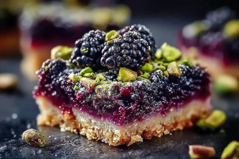 Homemade Blackberry Pistachio Dream Bars with vibrant blackberries and crunchy pistachios