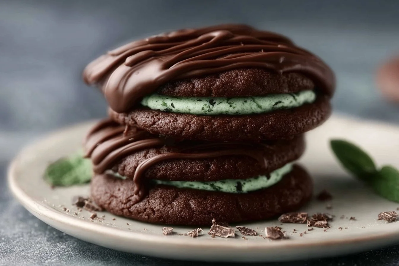 Chewy Chocolate Mint Cookies with chocolate chips and mint leaves