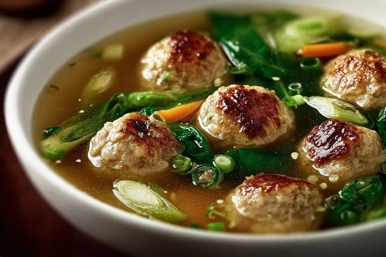Bowl of flavorful Chicken Meatball Soup with fresh herbs and vegetables