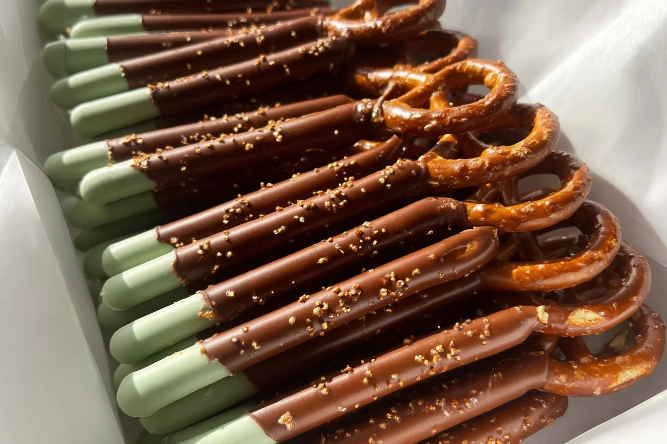 Chocolate Covered Pretzels chocolate covered pretzels Delicious chocolate covered pretzels on a wooden platter.