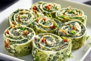 Classic spinach dip pinwheels served on a plate for a tasty appetizer.