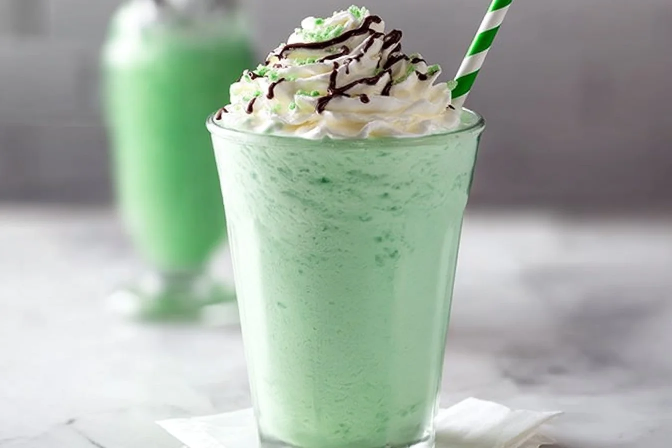 Homemade Copycat Shamrock Shake with whipped cream and green sprinkles