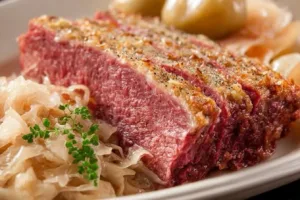 Delicious corned beef served with sauerkraut on a plate