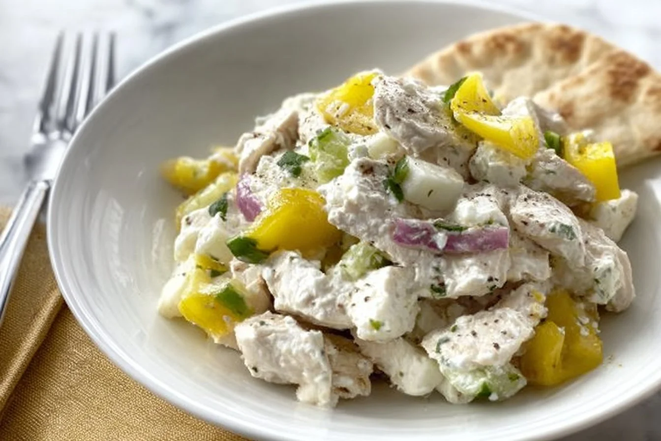 Cottage Cheese Chicken Salad with Banana Peppers chicken salad Cottage Cheese Chicken Salad with Banana Peppers in a bowl