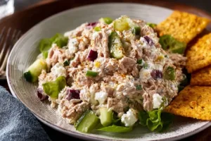 Healthy cottage cheese tuna salad recipe with fresh ingredients.