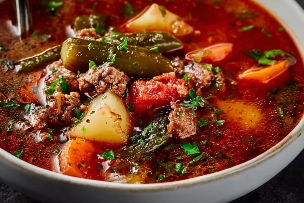A warm bowl of Cowboy Soup filled with beans, corn, and spices ready to be served.