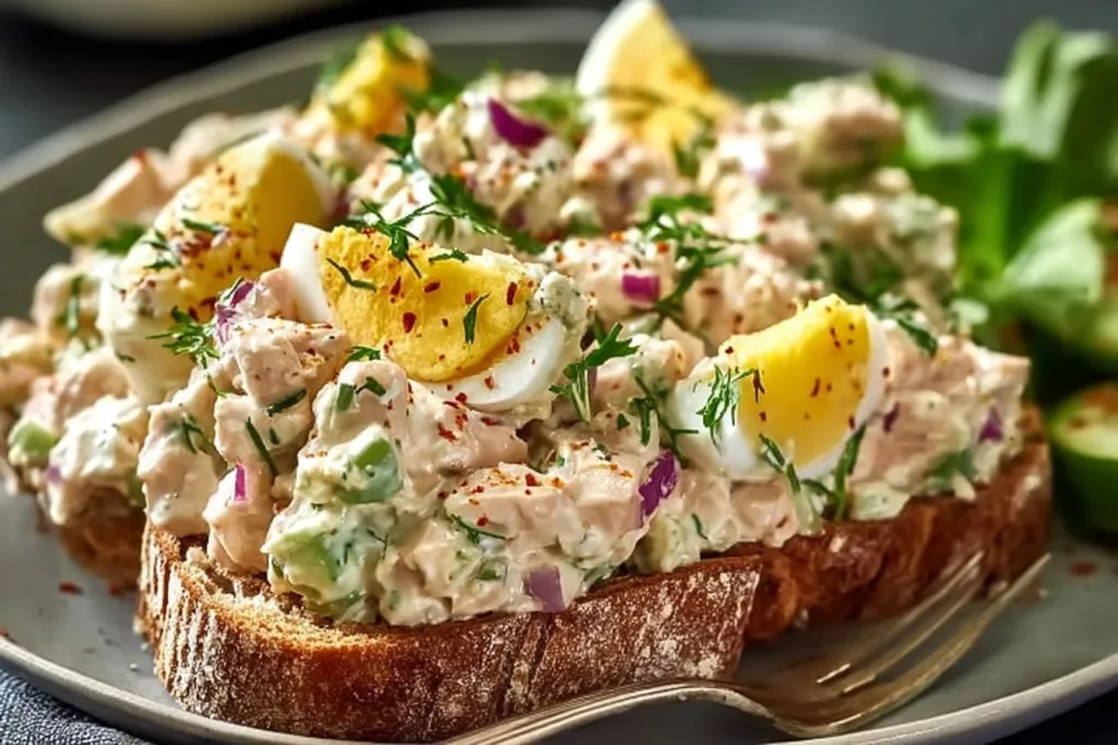 Creamy healthy tuna egg salad served in a bowl with fresh herbs