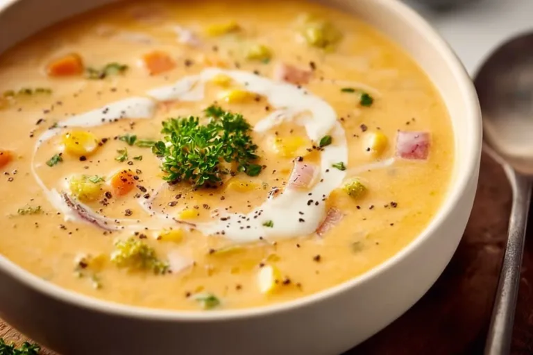 Creamy vegetable soup bowl garnished with herbs and spices