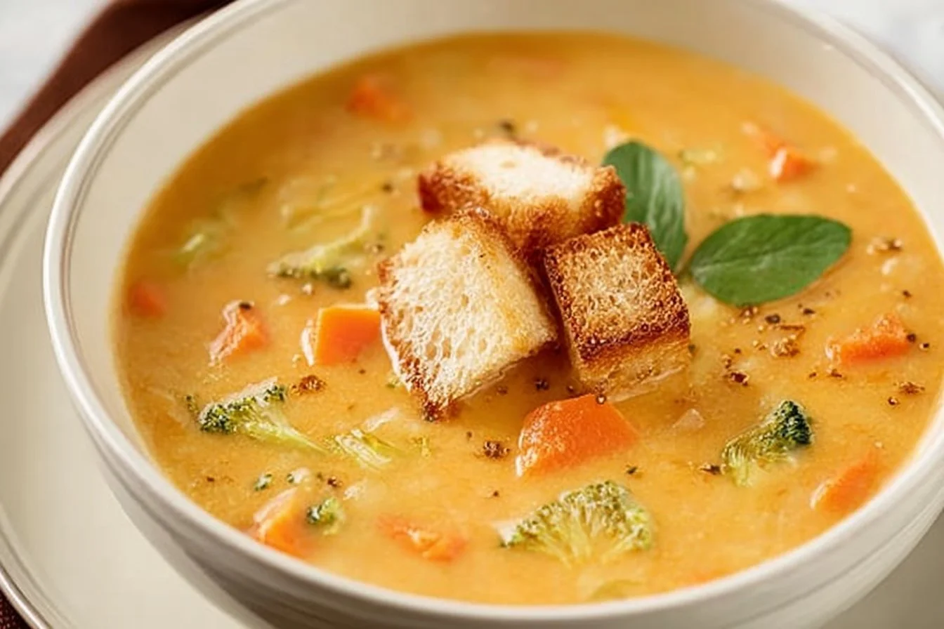 Bowl of creamy vegetable soup with fresh vegetables and herbs