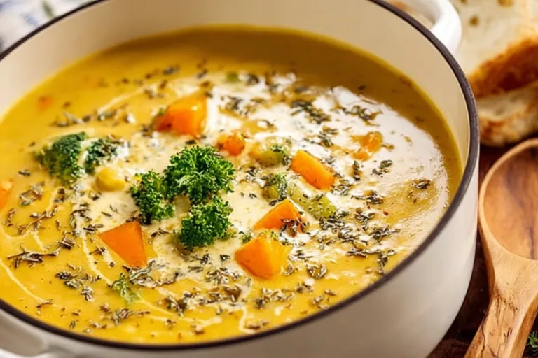 Creamy Vegetable Soup Irish Bacon Soup Bowl of creamy vegetable soup garnished with fresh herbs and vegetables